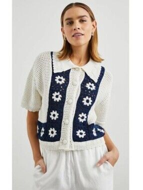Rails Milan White and Navy Button Down Crochet Short-Sleeve Cardigan